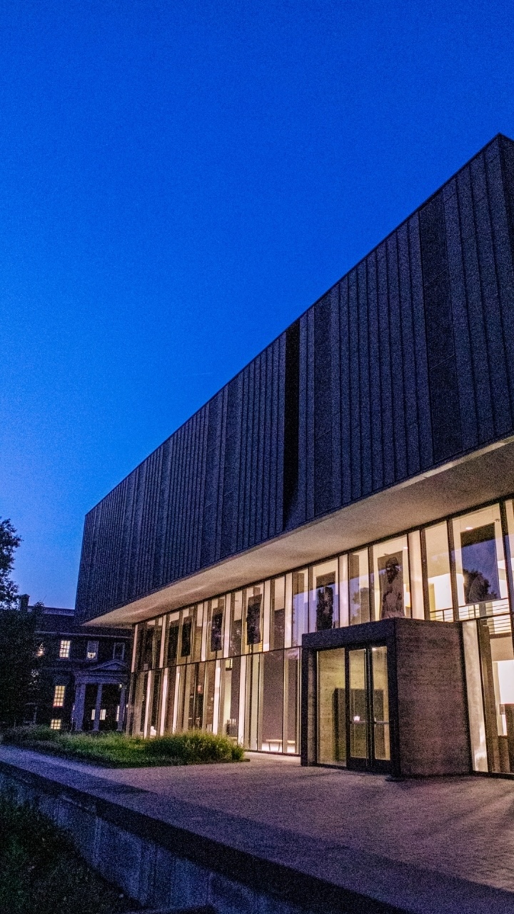 Entrance to Vukovich Center for Communication Arts at Allegheny College at dusk