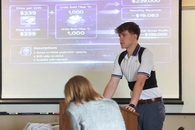 Student presents at a podium during Allegheny College's 2026 Zingale Big Idea Competition