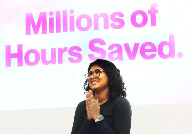 Student stands in front of presentation during preliminary rounds of Zingale Big Idea Competition at Allegheny College