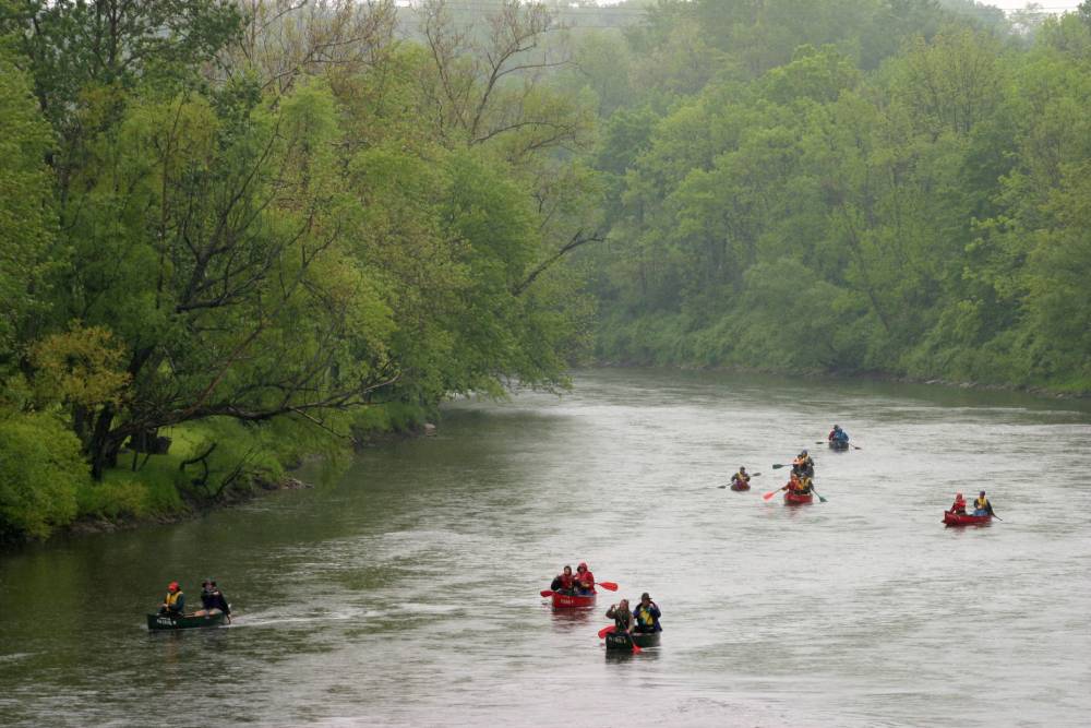 Students kayaking in a creek