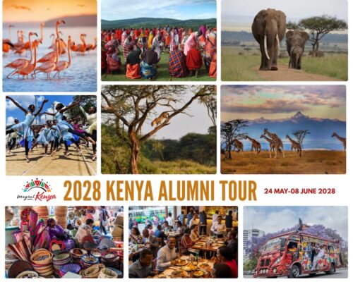 Graphic with images highlighting the wildlife and culture of Kenya with text: "2028 Kenya Alumni Tour 24 May-08 June 2028"