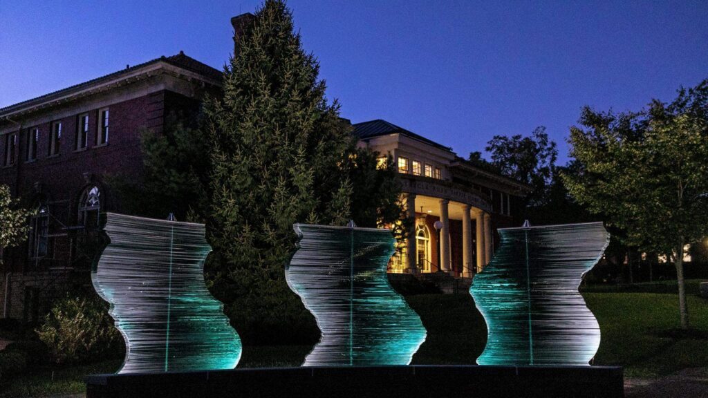 art installation on campus at night