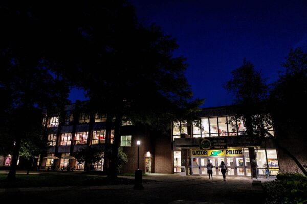 exterior night shot of campus center