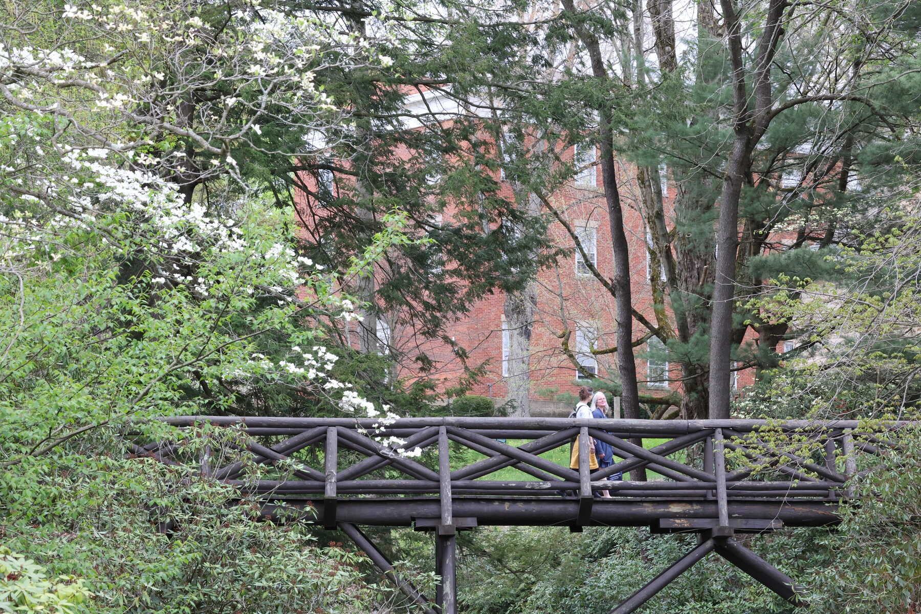 a bridge over water with trees and a building in the background