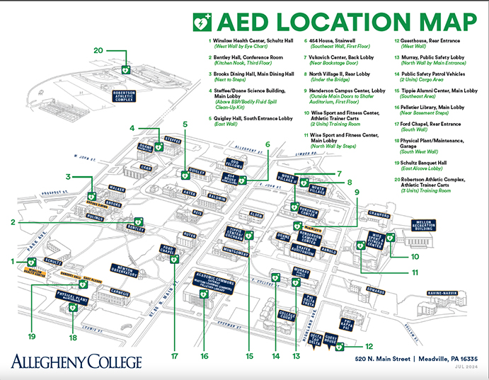 Illustrative map of campus and the AED locations labeled