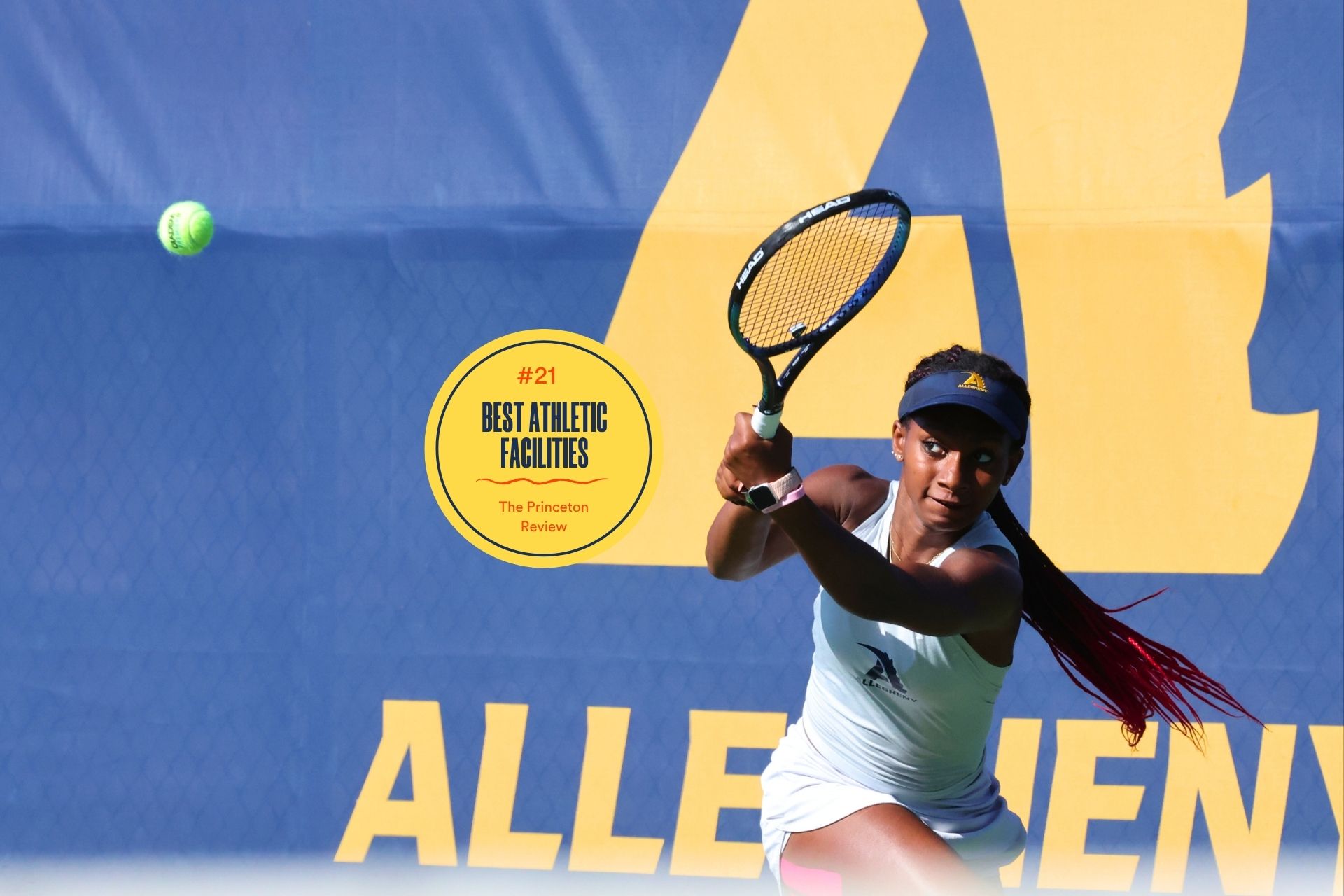 #21 by the Princeton Review. Athletic girl playing tennis.