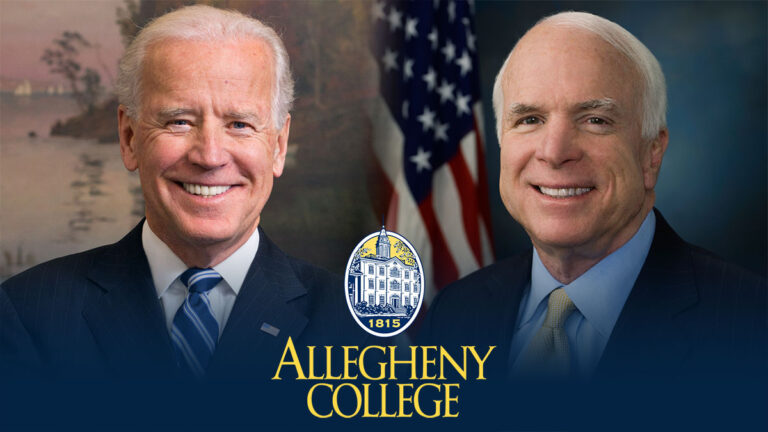 Headshots of Joe Biden and John McCain with American flag in the background