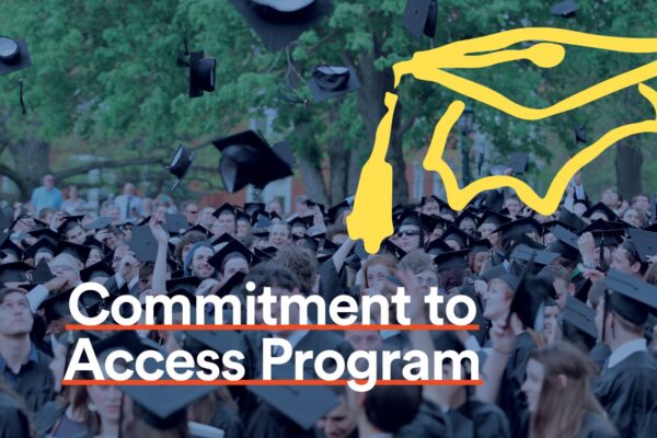 a group of people in graduation caps with text overlay "commitment to access program"