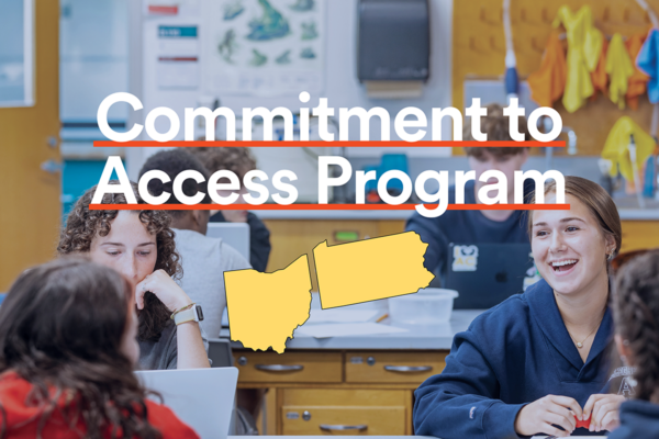 a group of people sitting at a desk with text overlay "commitment to access program"