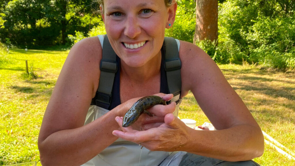 Person holding salamander.