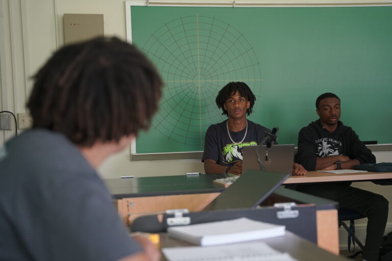 RISE students in a mock lecture in Arter with professor Charles Ross (alumnus)
