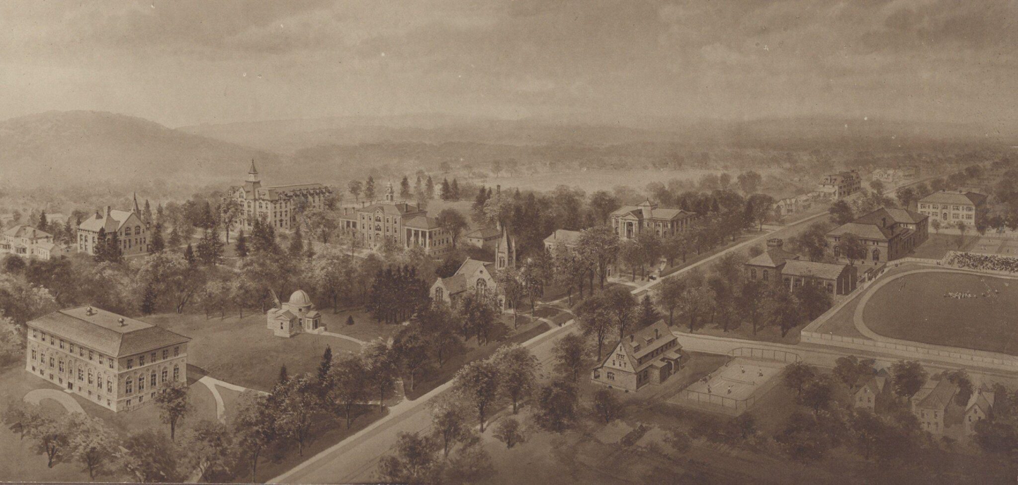 An illustration of Allegheny's campus from the Merrick Digital Archives, circa 1920
