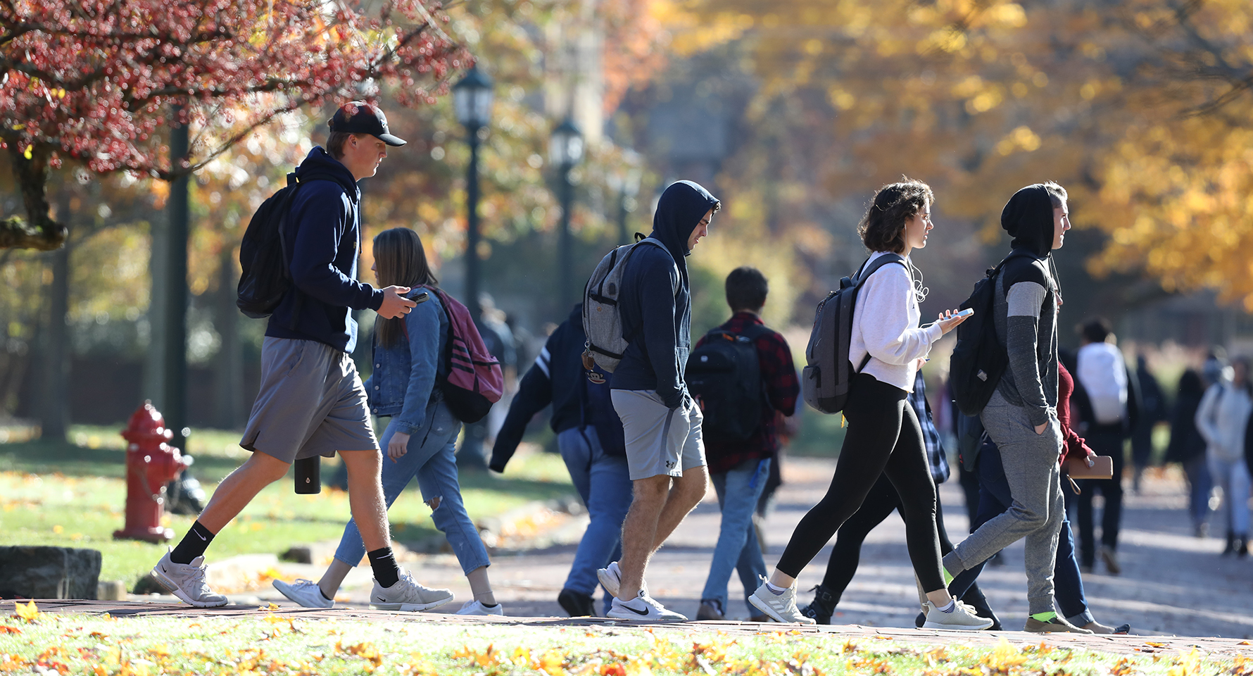 a group of students walking on a sidewalk