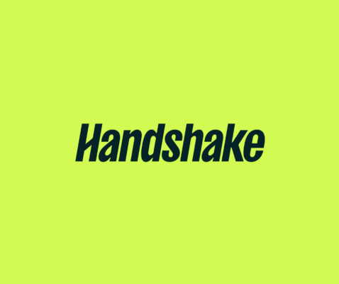 a logo with a red background and white people