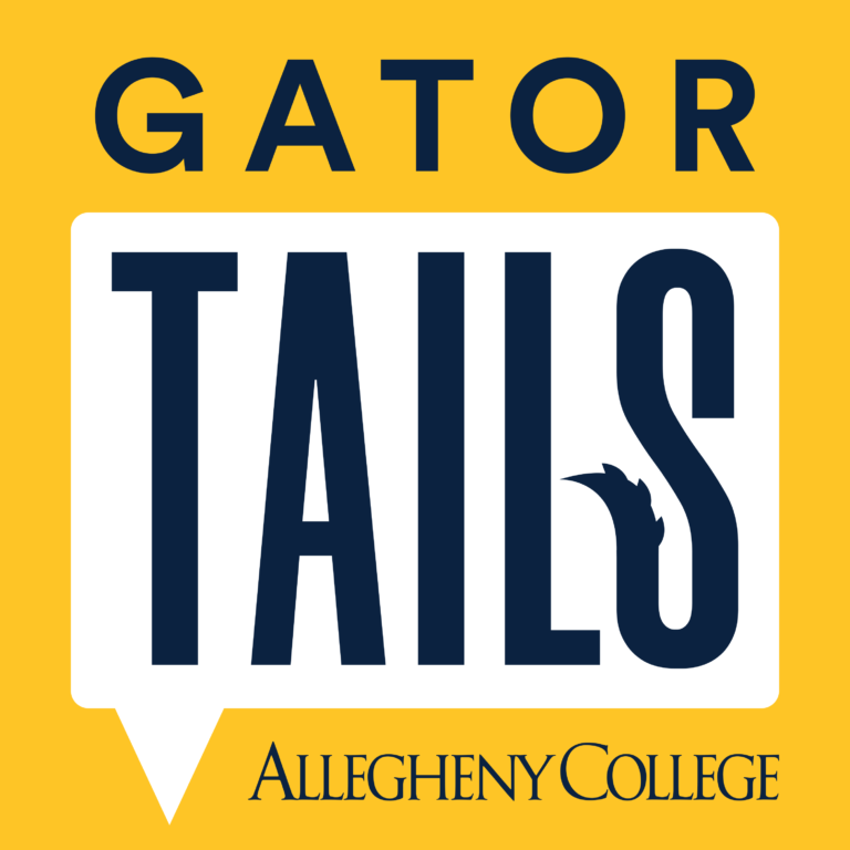 a yellow square with blue text that reads gator tails