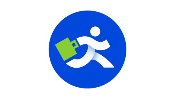 A white stick figure runs while holding a green briefcase, set against a blue background