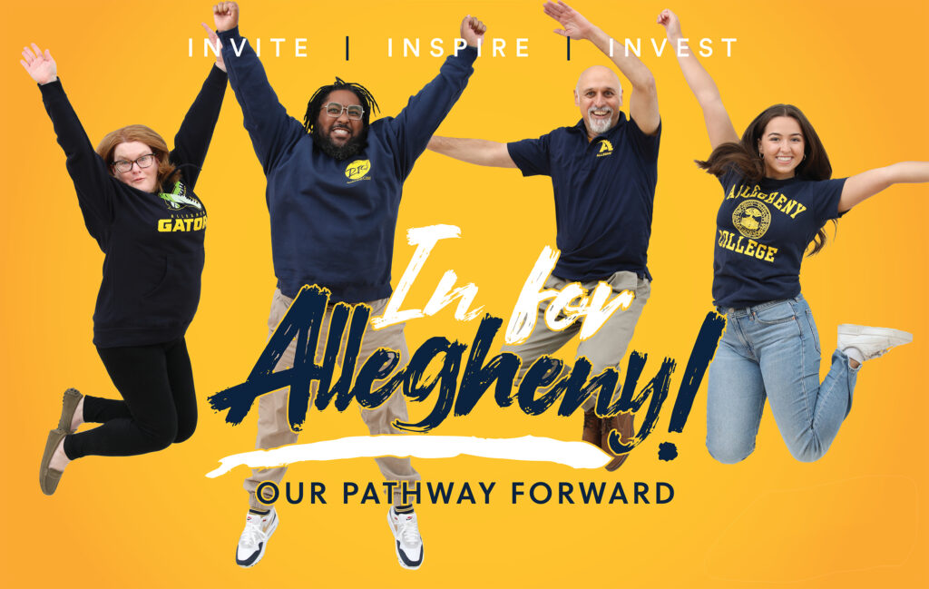 four people jumping with the In for Allegheny logo superimposed over them and a gold background