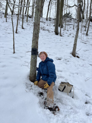 a person sitting in the snow next to a tree