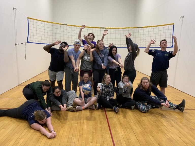 students in front of a volleyball net