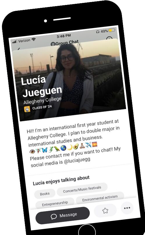 a cell phone with a picture of a person and the words Lucia Jueguen