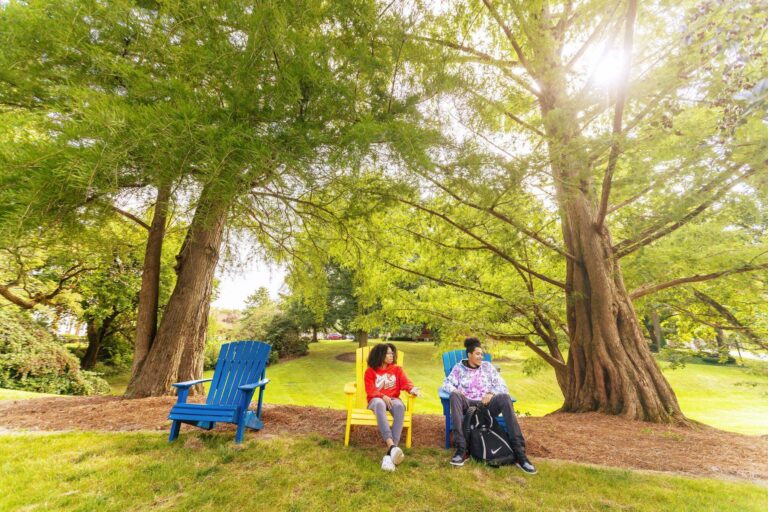 two students sitting in chairs in wooded area