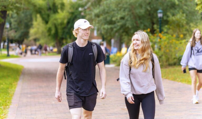 students walking on a brick path