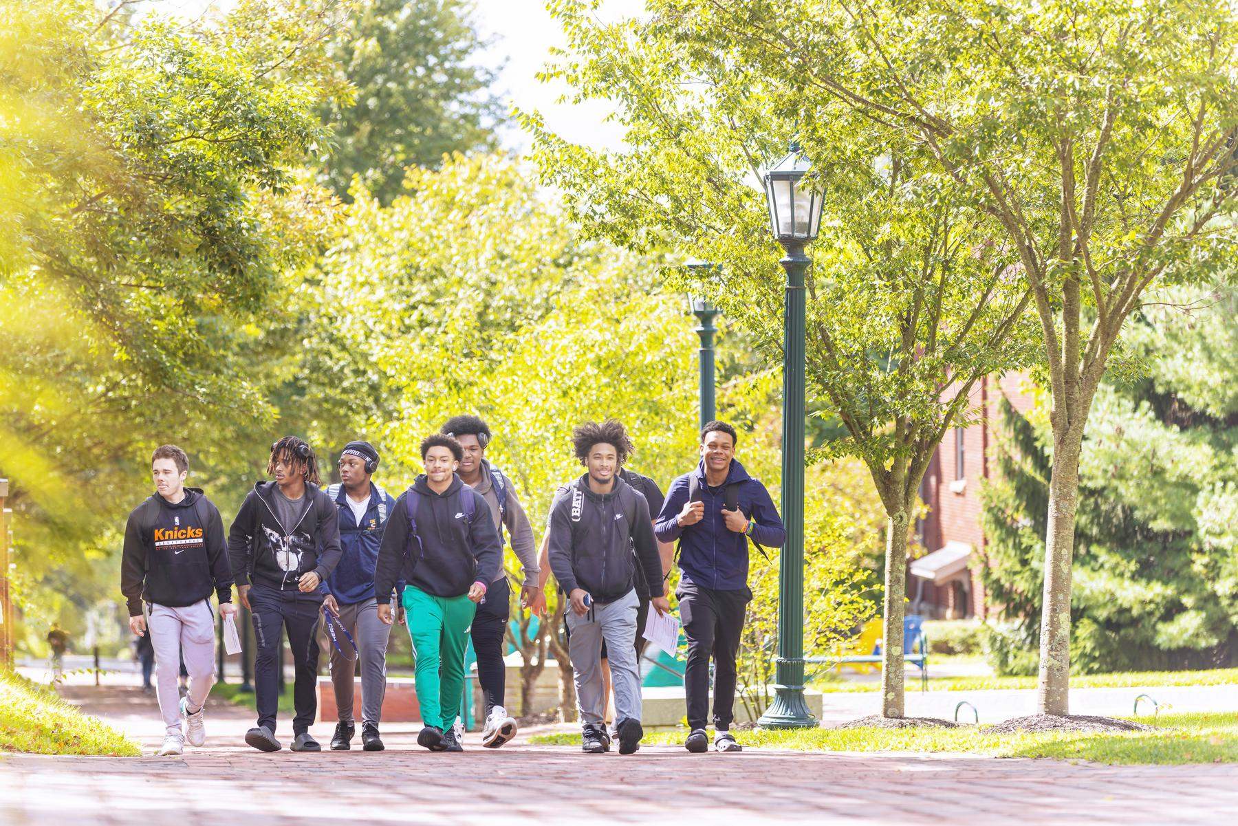 a group of people walking on a sidewalk