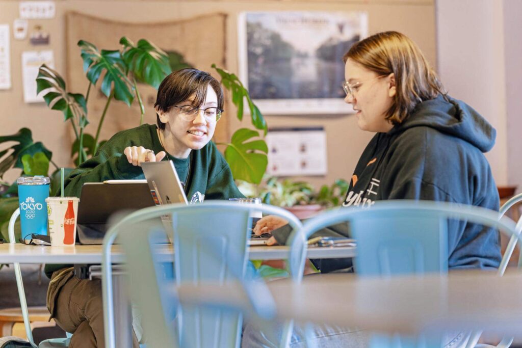 two students seated at a dining table collaborating over a laptop