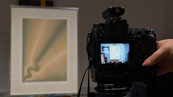 A hand presses a button on a digital camera that is placed in front of a piece of art.