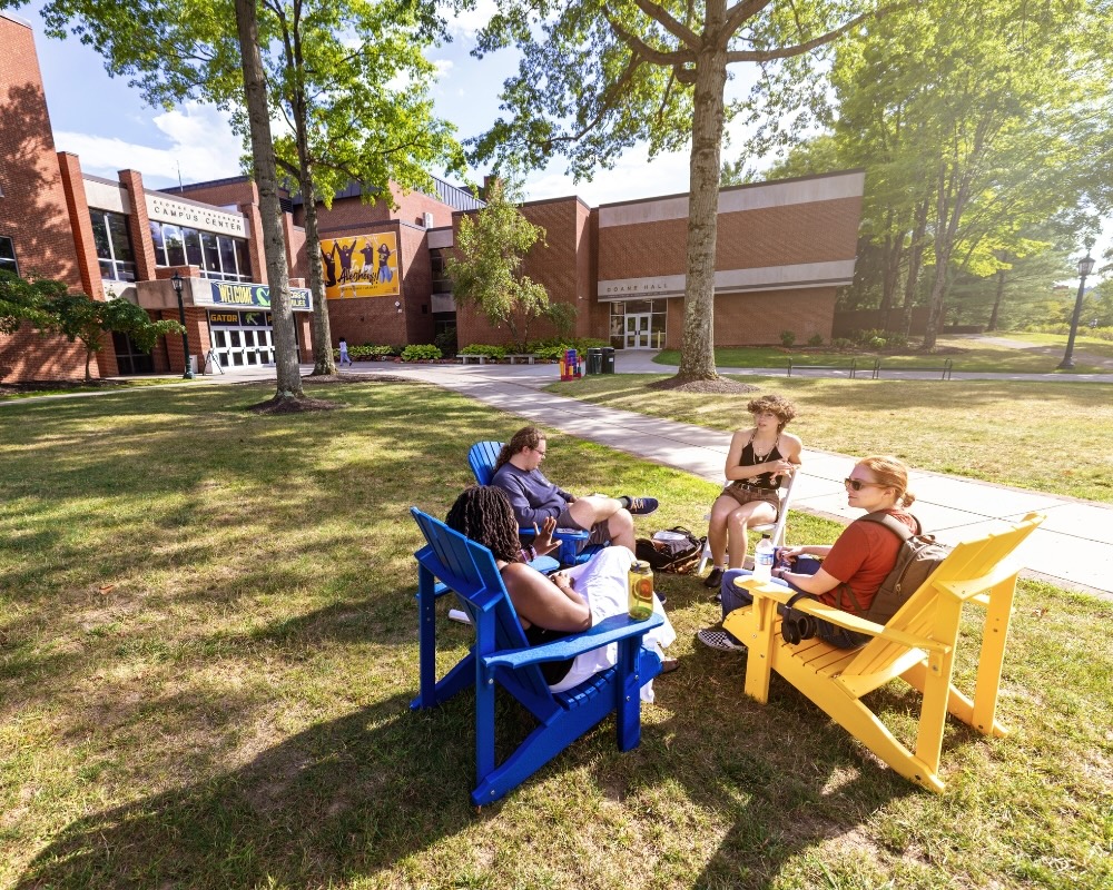 A group of Allegheny College students sit in a circle in yellow and blue adirondack chairs.