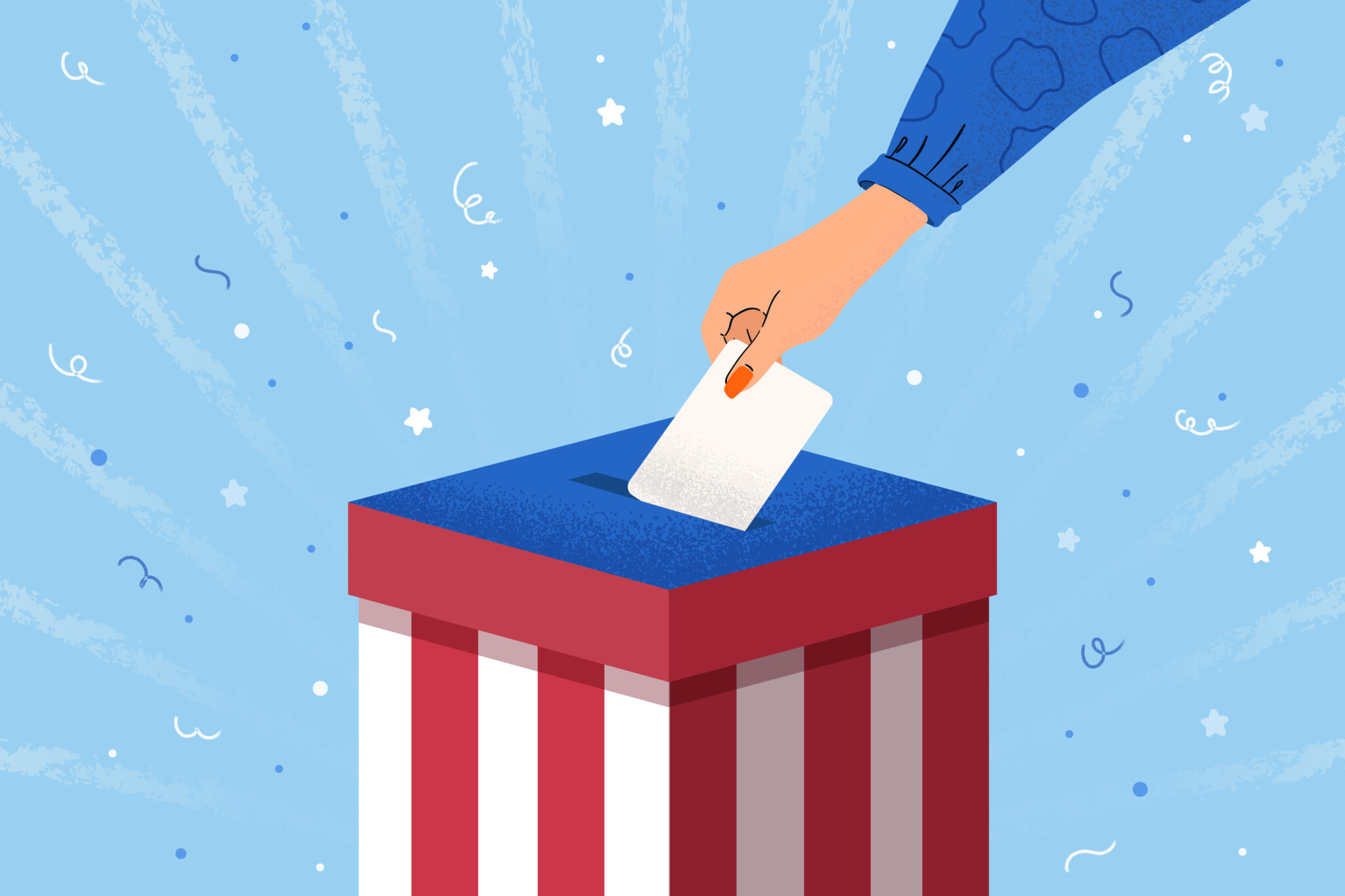 Illustration of a person dropping a ballot into a ballot box in a red white and blue motif