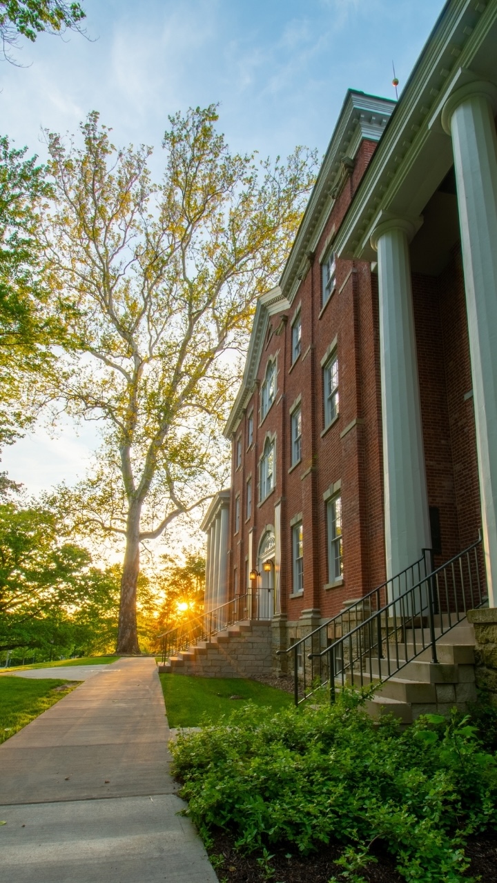 Bentley Hall at Allegheny College with the sun rising behind it