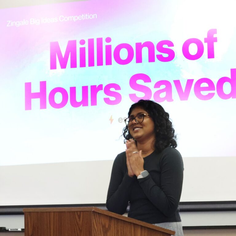 A student presents business idea during the Center for Business and Economics' Zingdale Big Ideas Competition
