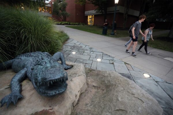 Sculpture of an alligator on campus