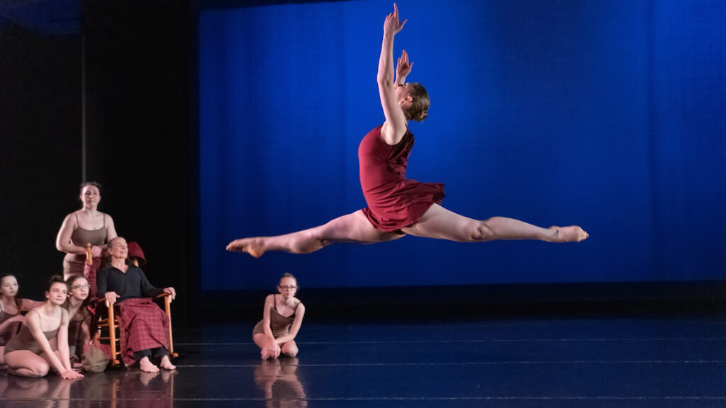 a dancer in a red dress jumping in the air