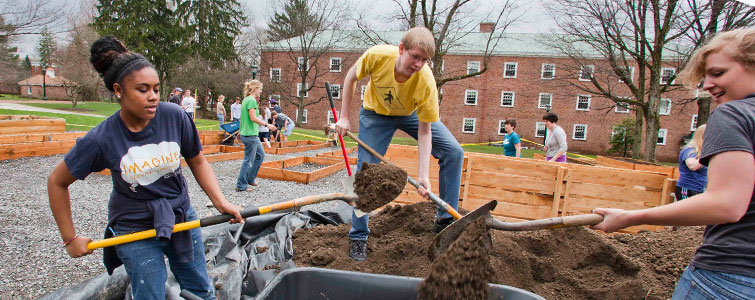 a student in a yellow shirt digging in the dirt