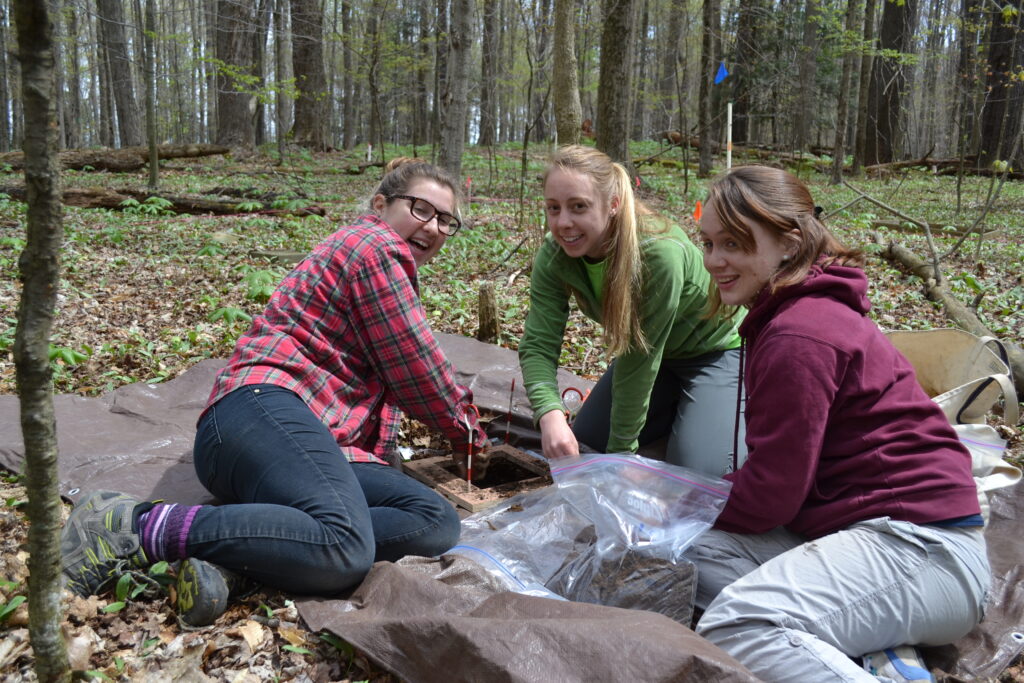 a group of people sitting in the woods