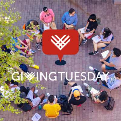 a group of people sitting in a circle with text overlay of "Giving Tuesday"