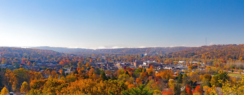 a city with orange trees and mountains in the background