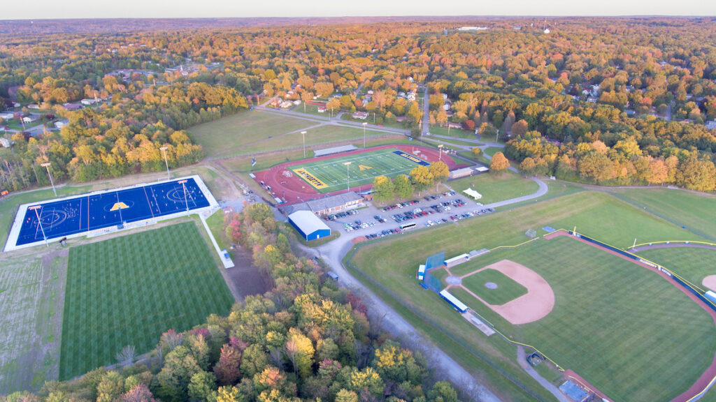 aerial view of a baseball field and a baseball field