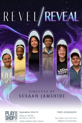 Six pillars arranged with an image of a person inside, with text "Revel/Reveal Directed by Susaan Jamshidi"