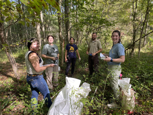 Students working with Erie National Wildlife Refuge biological technician to measure invasive plants. Photo credit to Rich Bowden.